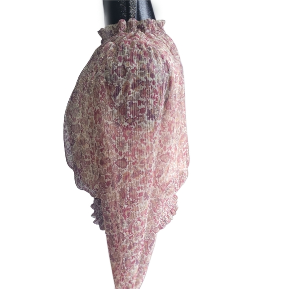 Joie Floral Ruffle Long Sleeve Blouse Pink And Tan Smocked Hemline M - Picture 4 of 6